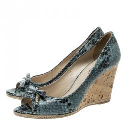 Pre Owned Prada Light Blue/Black Python Embossed Leather Peep Toe Wedge Pumps Size 38.5