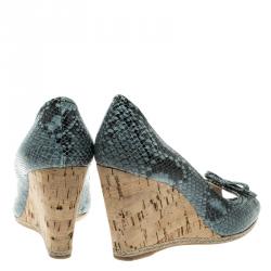 Pre Owned Prada Light Blue/Black Python Embossed Leather Peep Toe Wedge Pumps Size 38.5