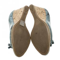 Pre Owned Prada Light Blue/Black Python Embossed Leather Peep Toe Wedge Pumps Size 38.5