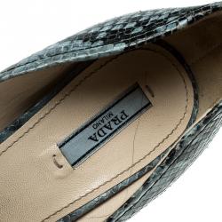 Pre Owned Prada Light Blue/Black Python Embossed Leather Peep Toe Wedge Pumps Size 38.5