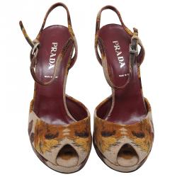 Pre Owned Prada Beige/Brown Floral Print Canvas Peep Toe Platform Sandals Size 37