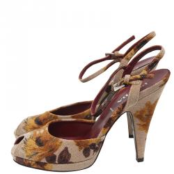 Pre Owned Prada Beige/Brown Floral Print Canvas Peep Toe Platform Sandals Size 37