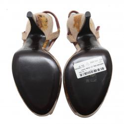 Pre Owned Prada Beige/Brown Floral Print Canvas Peep Toe Platform Sandals Size 37