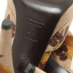 Pre Owned Prada Beige/Brown Floral Print Canvas Peep Toe Platform Sandals Size 37