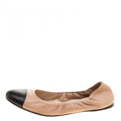 Pre Owned Prada Beige/Black Cap Toe Scrunch Ballet Flats Size 38.5