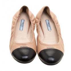 Pre Owned Prada Beige/Black Cap Toe Scrunch Ballet Flats Size 38.5