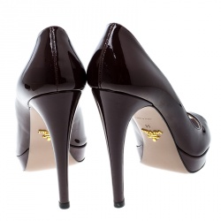 Pre Owned Prada Burgundy Patent Leather Peep Toe Platform Pumps Size 39