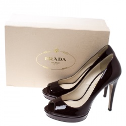 Pre Owned Prada Burgundy Patent Leather Peep Toe Platform Pumps Size 39