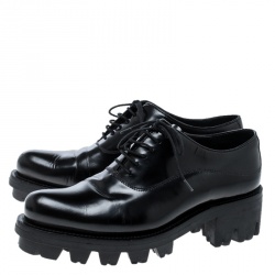 Pre Owned Prada Black Leather Lug-Sole Platform Oxfords Size 37.5