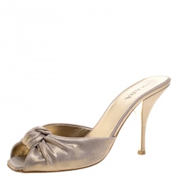 Prada Grey Glitter Knit Fabric Donna Knot Peep Toe Slides Size 38.5