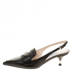 Pre Owned Prada Black Leather Pointed Toe Slingback Loafer Sandals Size 35.5