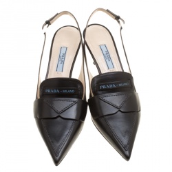 Pre Owned Prada Black Leather Pointed Toe Slingback Loafer Sandals Size 35.5