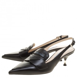 Pre Owned Prada Black Leather Pointed Toe Slingback Loafer Sandals Size 35.5