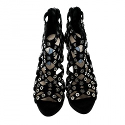 Pre Owned Prada Black Suede Eyelet Detail Platform Cage Booties Size 38