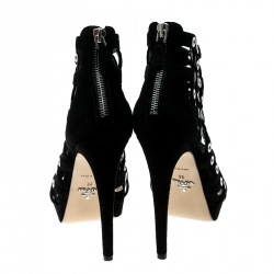 Pre Owned Prada Black Suede Eyelet Detail Platform Cage Booties Size 38