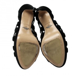 Pre Owned Prada Black Suede Eyelet Detail Platform Cage Booties Size 38