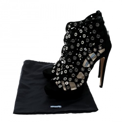 Pre Owned Prada Black Suede Eyelet Detail Platform Cage Booties Size 38