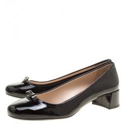 Pre Owned Prada Black Patent Leather Bow Block Heel Pumps Size 38