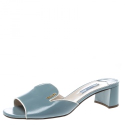 Prada Powder Blue Patent Saffiano Leather Block Heel Slides Size 39