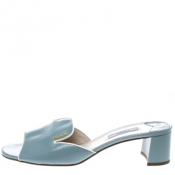 Prada Powder Blue Patent Saffiano Leather Block Heel Slides Size 39