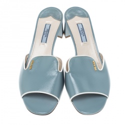 Prada Powder Blue Patent Saffiano Leather Block Heel Slides Size 39
