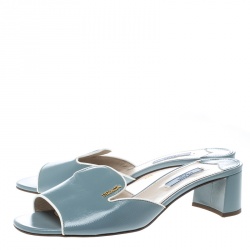 Prada Powder Blue Patent Saffiano Leather Block Heel Slides Size 39