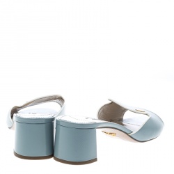 Prada Powder Blue Patent Saffiano Leather Block Heel Slides Size 39