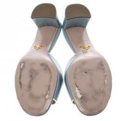 Prada Powder Blue Patent Saffiano Leather Block Heel Slides Size 39