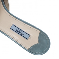 Prada Powder Blue Patent Saffiano Leather Block Heel Slides Size 39