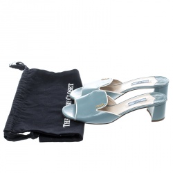 Prada Powder Blue Patent Saffiano Leather Block Heel Slides Size 39