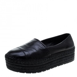 Pre Owned Prada Black Leather Stitch Detail Espadrilles Size 37.5