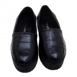 Pre Owned Prada Black Leather Stitch Detail Espadrilles Size 37.5