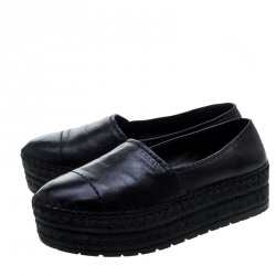 Pre Owned Prada Black Leather Stitch Detail Espadrilles Size 37.5