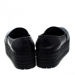 Pre Owned Prada Black Leather Stitch Detail Espadrilles Size 37.5