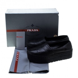 Pre Owned Prada Black Leather Stitch Detail Espadrilles Size 37.5