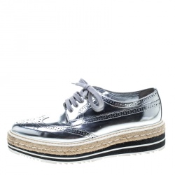 Prada Metallic Silver Brogue Leather Wave Wingtip Espadrille Platform Derby Sneakers Size 39.5