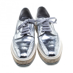 Prada Metallic Silver Brogue Leather Wave Wingtip Espadrille Platform Derby Sneakers Size 39.5