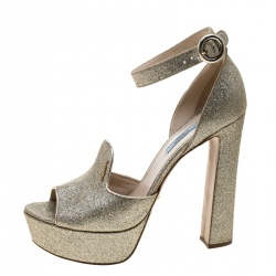 Prada Gold Glitter Ankle Strap Block Heel Platform Sandals Size 41.5