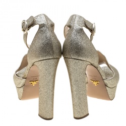Prada Gold Glitter Ankle Strap Block Heel Platform Sandals Size 41.5