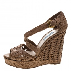 Pre Owned Prada Tan Woven Leather Madras Peep Toe Wedge Sandals Size 40.5