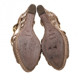 Prada Tan Woven Leather Madras Peep Toe Wedge Sandals Size 40.5