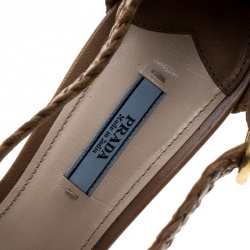 Prada Tan Woven Leather Madras Peep Toe Wedge Sandals Size 40.5