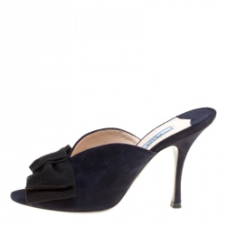 Pre Owned Prada Navy Blue Suede Bow Embellished Peep Toe Mules Size 37