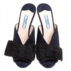 Pre Owned Prada Navy Blue Suede Bow Embellished Peep Toe Mules Size 37