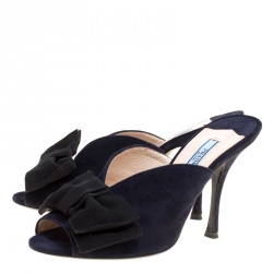 Pre Owned Prada Navy Blue Suede Bow Embellished Peep Toe Mules Size 37