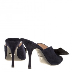 Pre Owned Prada Navy Blue Suede Bow Embellished Peep Toe Mules Size 37