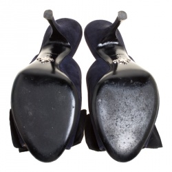 Pre Owned Prada Navy Blue Suede Bow Embellished Peep Toe Mules Size 37