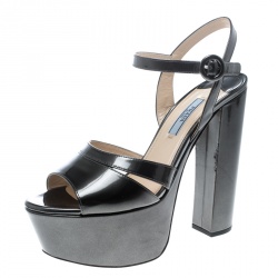 Pre Owned Prada Green Patent Leather Ankle Strap Block Heel Platform Sandals Size 38.5