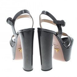 Pre Owned Prada Green Patent Leather Ankle Strap Block Heel Platform Sandals Size 38.5