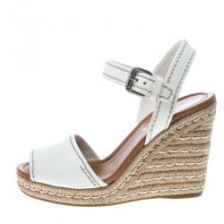 Pre Owned Prada White Leather Flaviana Open Toe Ankle Strap Wedge Sandals Size 38